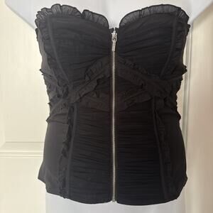Y2K Bebe Silk Corset Top Ruched Ruffle Zip Bustier Medium Vintage Rare Black
